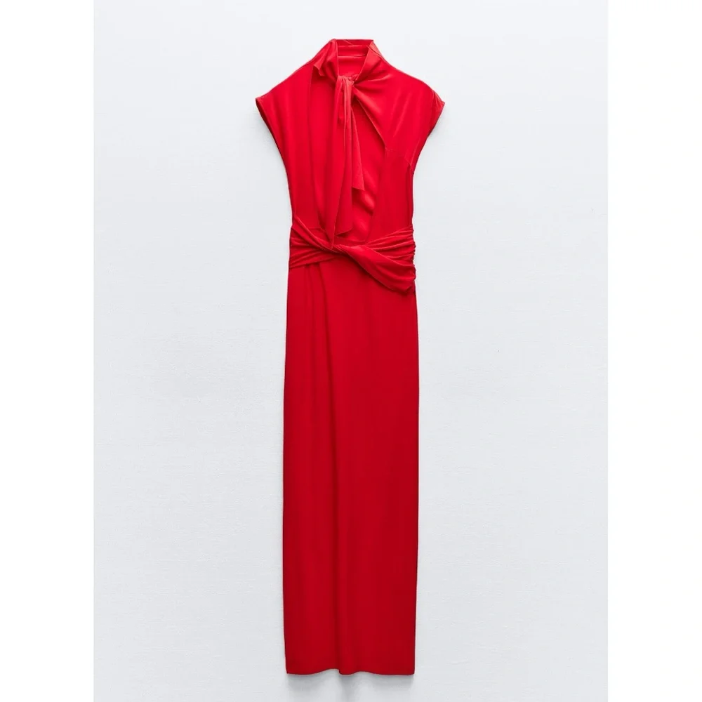 NWT Zara Woman Red Fluid Back Knot Dress Size L Large - Picture 4 of 10